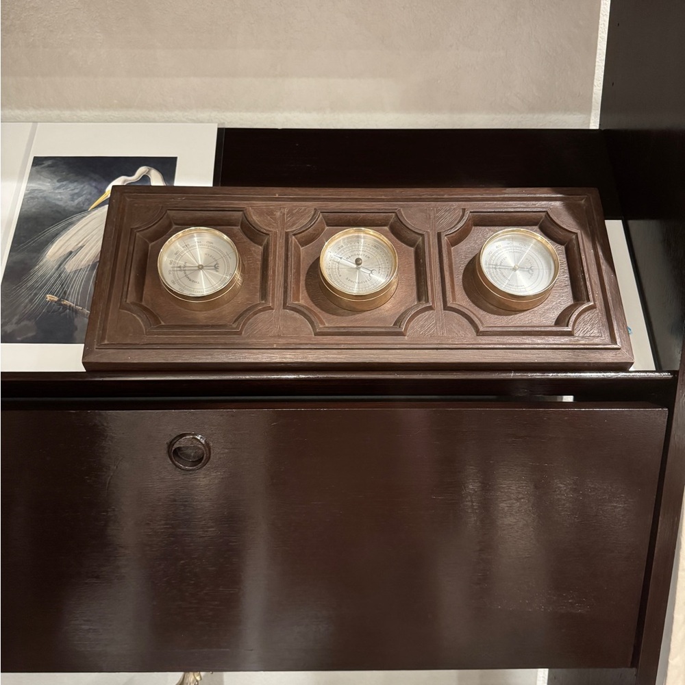 Vintage MCM Brown Wall Clock Set barometer
